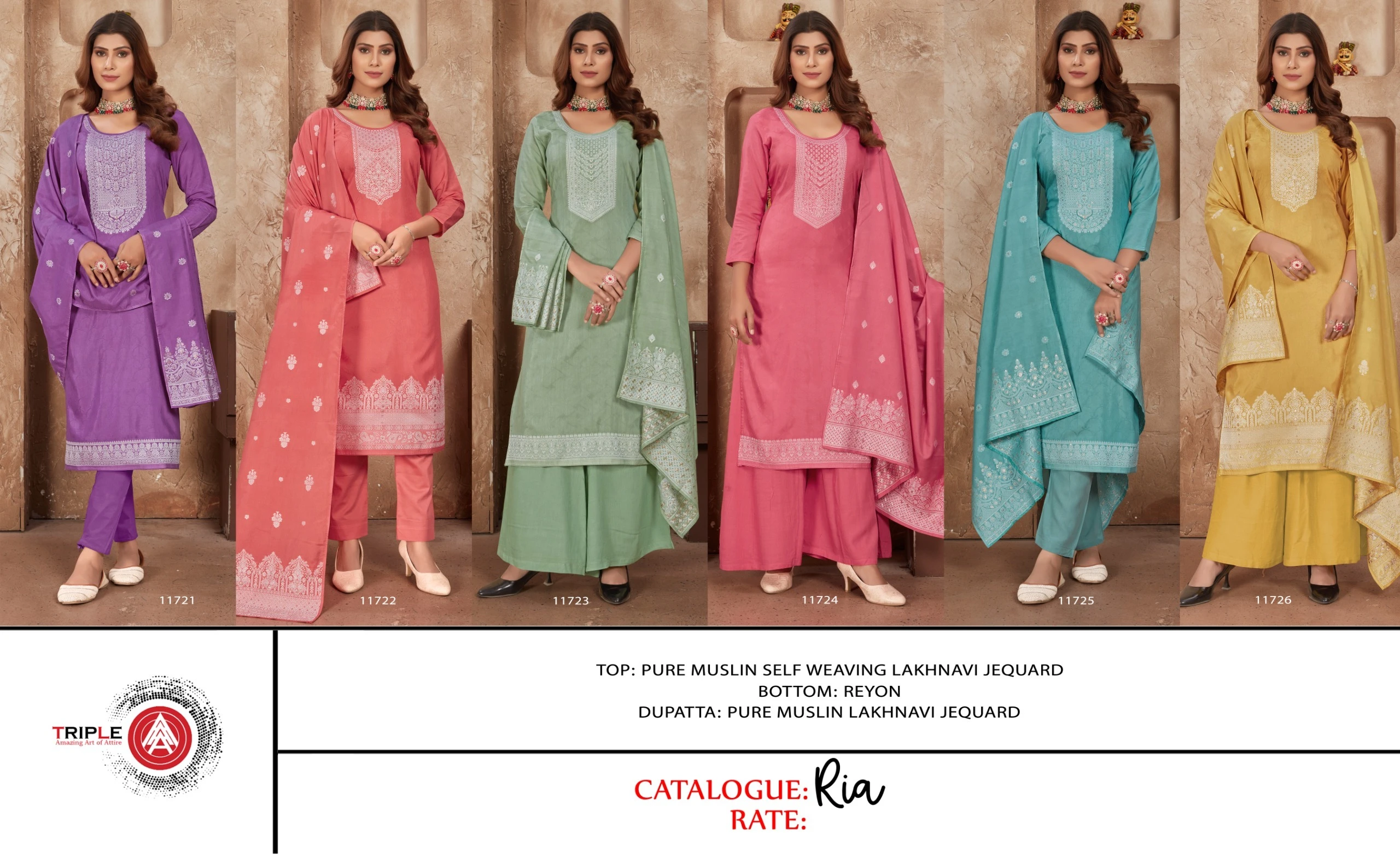 Triple Ria Pure Muslin Wholesale Salwar Suit Catalog — Wholesale Salwar Suits, MPA wholesale from Surat — view 6